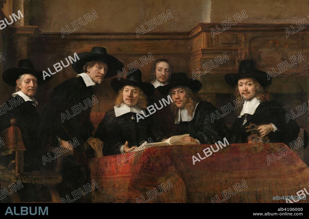 REMBRANDT. The Wardens of the Amsterdam Drapers' Guild, Known as 'The Syndics'. The Sampling Officials of the Amsterdam Drapers' Guild, known as 'The Syndics'. Dating: 1662. Measurements: h 191.5 cm × w 279 cm.