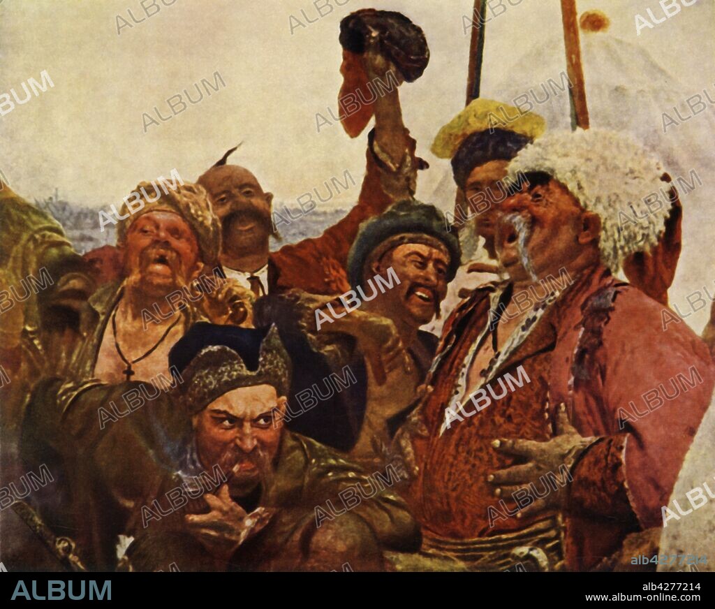 IL'YA REPIN. 'Detail of the Zaporozhets writing a letter to the Turkish Sultan', 1880-1890, (1965). 'Reply of the Zaporozhian Cossacks to Sultan Mehmed IV of Turkey', also known as 'Cossacks of Saporog Are Drafting a Manifesto', 19th-century imagining of a supposed historical event of 1676, based on the legend of Cossacks sending an apparently rude and insulting reply to an ultimatum from Sultan Mehmed IV of the Ottoman Empire. 'On the right is Taras Bulba (in a white cap), the hero of Gogol's tale of the same name; on the left is Andrei, Taras Bulba's son; almost in the centre sits Ataman (Chief) Serko with a pipe in his mouth'. Ilya Repin (1844-1930) took nearly 20 years to paint the picture, for which Tsar Alexander III paid him 35,000 rubles, at the time the greatest sum ever paid for a Russian painting. Painting in the State Russian Museum, St Petersburg. From "Russian Painting of the 18th and 19th Centuries" by Vladimir Fiala. [Artia, Czechoslovakia, 1965].