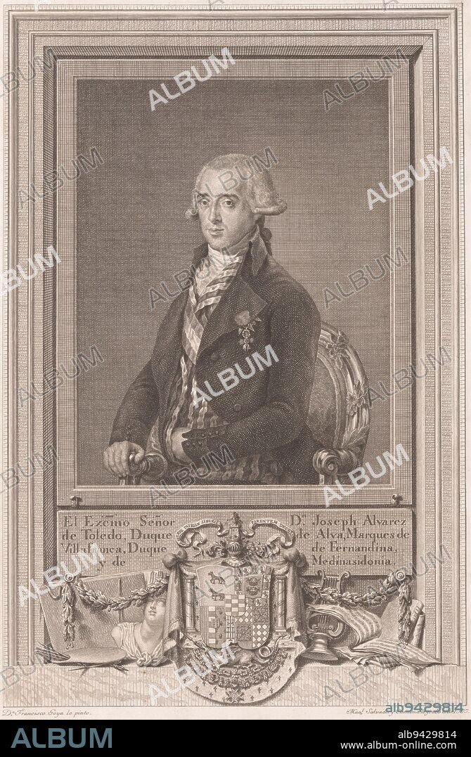Portrait of Joseph Alvarez de Toledo, Duke of Alva, Manuel Salvador Carmona, after Francisco de Goya, 1797, Below the portrait a coat of arms and objects related to fine art and music., print maker: Manuel Salvador Carmona, (mentioned on object), after: Francisco de Goya, (mentioned on object), Spain, 1797, paper, etching, engraving, h 407 mm × w 278 mm.