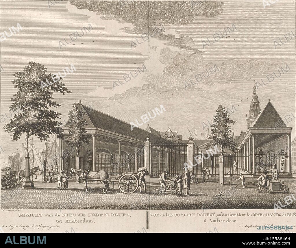 View of the Korenbeurs in Amsterdam, View of the Nieuwe Koren-Beurs, to Amsterdam, Vue de la Nouvelle Bourse, ou 'S assemblent les Marchands de Blé, á Amsterdam (title on object), View of the Korenbeurs rebuilt in 1768 at the Damrak in Amsterdam. Various figures on the street, including a knife sharpener in the middle. On the left the Old Bridge. In the background on the right is the tower of the Oude Kerk. Below the performance the title in Dutch and French. Numbered top right: 7., print, print maker: Hermanus Petrus Schouten, (possibly), after drawing by: Hermanus Petrus Schouten, (mentioned on object), publisher: Pierre Fouquet, (mentioned on object), Amsterdam, c. 1770 - 1783, paper, etching, engraving, height, 278 mm × width, 372 mm.