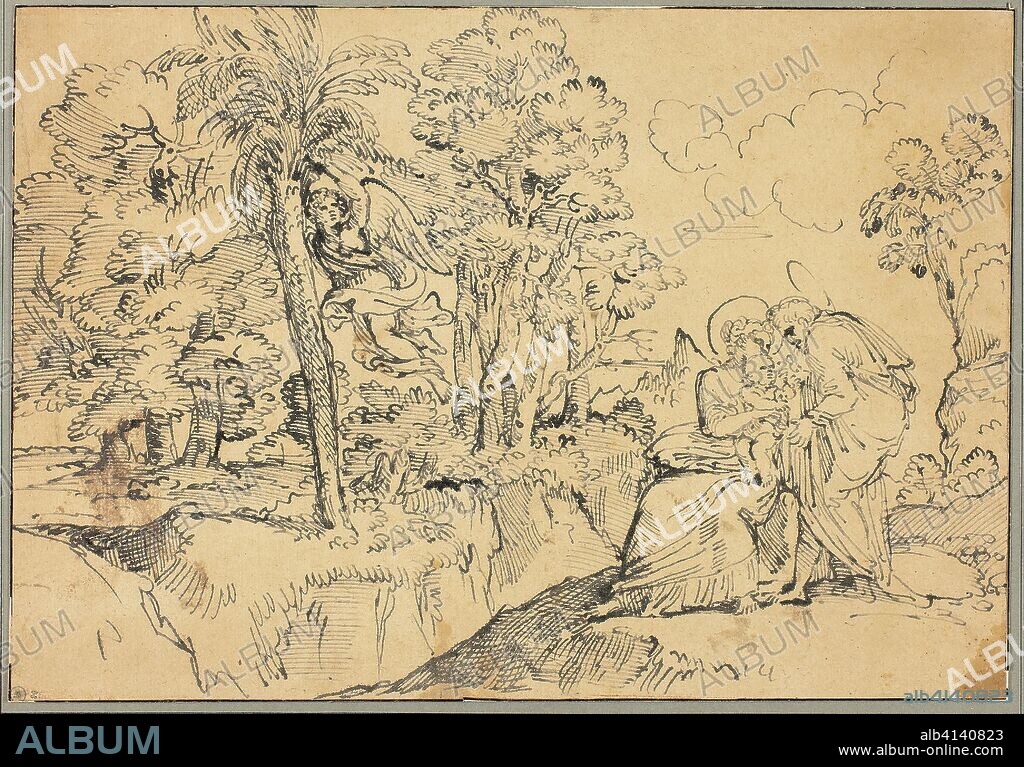 Rest on the Flight into Egypt. Michel Ange Corneille; French, 1642-1708. Date: 1661-1708. Dimensions: 257 × 370 mm. Pen and black ink, on tan laid paper, laid down on cream laid paper. Origin: France.