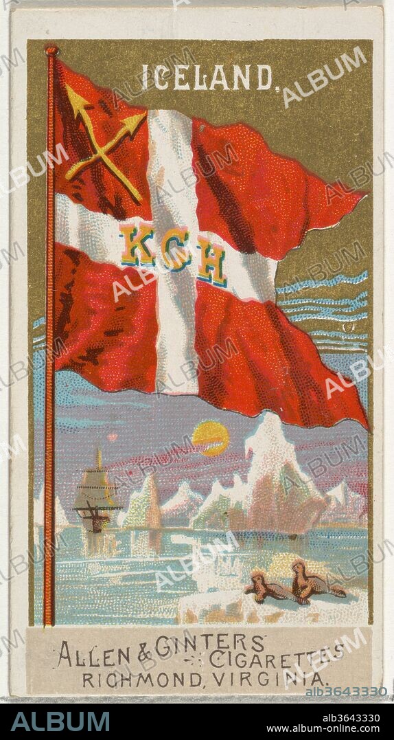 Iceland, from Flags of All Nations, Series 2 (N10) for Allen & Ginter Cigarettes Brands. Dimensions: Sheet: 2 3/4 x 1 1/2 in. (7 x 3.8 cm). Publisher: Issued by Allen & Ginter (American, Richmond, Virginia). Date: 1890.
Trade cards from the set, "Flags of All Nations," Series 2 (N10), issued in 1890 in a series of 50 cards to promote Allen & Ginter Brand Cigarettes.