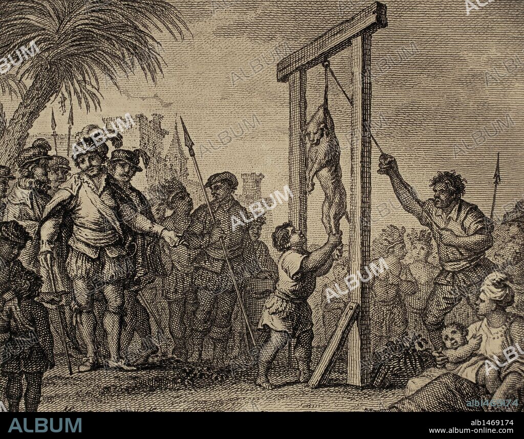 HISTORIA AMERICA DEL NORTE. SIGLO XVII. NUEVA INGLATERRA (MASSACHUSETTS). A su llegada a América, los puritanos (cuáqueros) fundaron diferentes congregaciones, de las cuales la principal fue establecida en el Golfo de Massachusetts. Se trataba de un grupo con creencias muy supersticiosas. "GRUPO DE CUAQUEROS EJECUTANDO A UN PERRO POR BRUJO". Grabado de 1807.