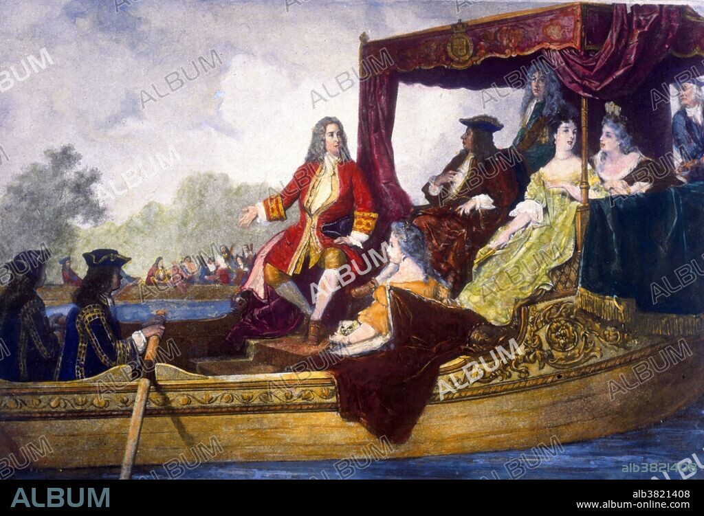 Painting of Handel (left, with right arm extended) with King George I of Great Britain, traveling by barge on the Thames River while musicians play in the background. The painting is an artist's rendering of the first performance of Handel's Water Music in 1717 by Edouard Jean Conrad Hamman. George Frideric Handel (March 5, 1685 - April 14, 1759) was a German-British Baroque composer, famous for his operas, oratorios, anthems and organ concertos. He received critical musical training in Halle, Hamburg and Italy before settling in London (1712) and becoming a naturalized British subject in 1727. He was strongly influenced by the great composers of the Italian Baroque and the middle-German polyphonic choral tradition. Handel, a dramatic genius, started three commercial opera companies to supply the English nobility with Italian opera. Handel is regarded as one of the greatest composers of all time. He composed forty operas and many are considered masterpieces, with sweeping arias, remarkable human characterization, and improvisations. He died in 1759 at the age of 74. The last performance he attended was of Messiah. He was buried in Westminster Abbey. After Handel's death, many composers wrote works based on or inspired by his music.
