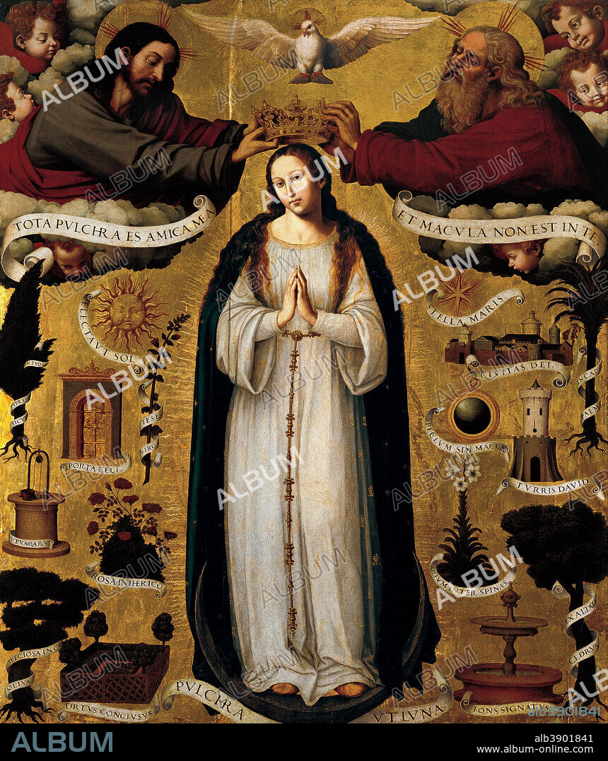 JUAN DE JUANES. The Immaculate Conception. Date/Period: 1535 - 1540. Painting. Oil on panel. Height: 2,180 mm (85.82 in); Width: 1,840 mm (72.44 in).