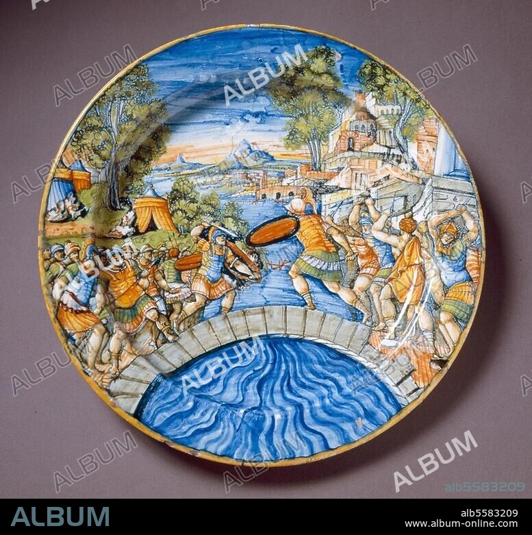 Horatius Cocles ; héros légendaire romain. Horatius Cocles défend le pont Sublicius. Majolique, Urbino, vers 1560. Florence, Musée du Bargello.