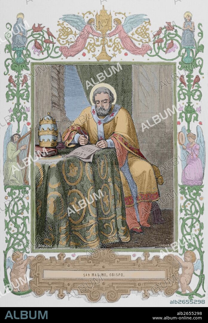 MAXIMO EL CONFESOR (580-662). Monje, teólogo y erudito cristiano, considerado padre de la Iglesia. En su juventud fue funcionario y asesor del emperador bizantino Heraclio. Grabado por Capuz. "Año Cristiano", 1853. Coloreado.