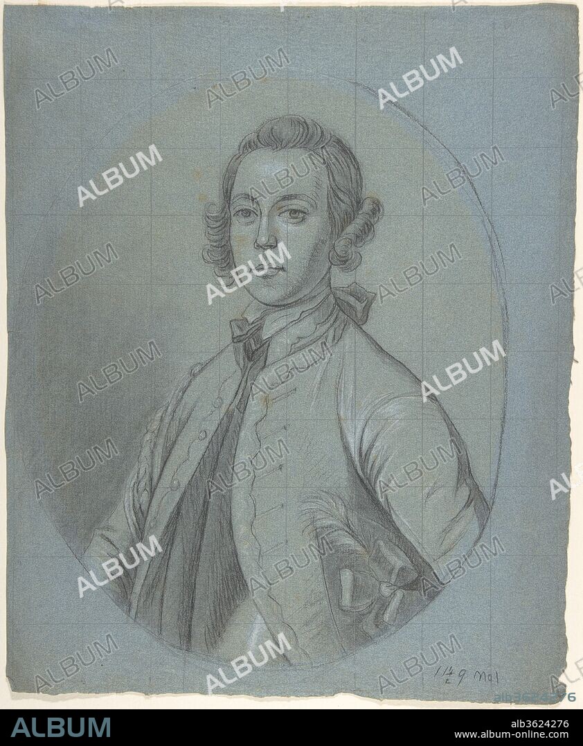 Oval, Bust-Length Portrait Study of a Young Man. Artist: Circle of Joseph van Aken (Flemish, Antwerp (?) ca. 1699-1749 London (active Britain)). Dimensions: sheet: 13 1/4 x 11 in. (33.6 x 28 cm). Date: ca. 1740-60.
After training in Antwerp, the young Van Aken went to London, where he specialized in painting draperies. The leading portraitists there, including Joseph Highmore, Thomas Hudson, and Allan Ramsay, often painted only a sitter's face, relying on Van Aken to finish the rest of the figure. His work became ubiquitous, to the point that the collector and writer Horace Walpole remarked wryly: "As in England almost everybody's picture is painted, so almost every painter's works were painted by Van Aken."
An assistant probably made this portrait study, but it demonstrates Van Aken's typical attention to texture using black and white chalk to describe the elements of the costume, with touches of brown ink used to refine details. The design was then overlaid with a graphite grid to allow it to be transferred accurately onto canvas.