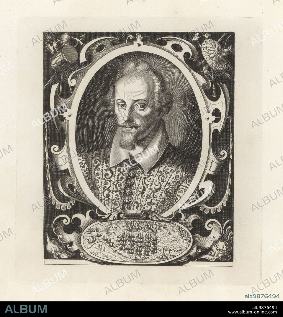 Sir Walter Raleigh, English Elizabethan statesman, soldier, writer and explorer, c.1552-1618. Sir Walter Raleigh, copied from a rare print by Thomas de Leu, with a vignette of the English Fleet at the capture of Cadiz in 1596. Copperplate engraving from Samuel Woodburns Gallery of Rare Portraits Consisting of Original Plates, George Jones, 102 St Martins Lane, London, 1816.