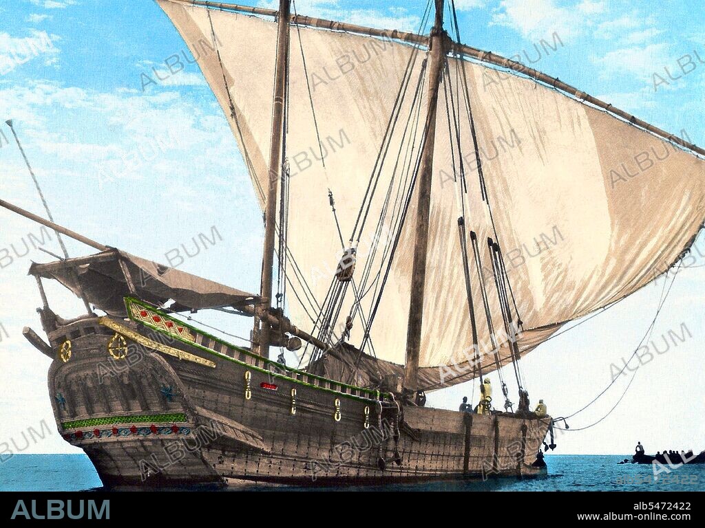 A dhow is a traditional Arab sailing vessel with one or more lateen sails. It is primarily used to carry heavy items, like fruit, along the coasts of the Arabian Peninsula, Pakistan, India and East Africa. Larger dhows have crews of approximately thirty people, while smaller dhows typically have crews of around twelve. Even down to the present day, dhows make commercial journeys between the Arab or Persian Gulf and East Africa using sails as their only means of propulsion. Their cargo is mostly dates and fish to East Africa and mangrove timber to the lands of the Persian Gulf. They often sail south with the monsoon in winter or early spring, and back again to Arabia in late spring or early summer. The term 'dhow' is also applied to small, traditionally-constructed vessels used for trade in the Red Sea and the Persian Gulf area and the Indian Ocean from Madagascar to the Bay of Bengal. Such vessels typically weigh 300 to 500 tons, and have a long, thin hull design. Dhow also refers to a family of early Arab ships that used the lateen sail, the latter of which the Portuguese likely based their designs for the caravel (known to Arabs as sambuk, boom, baggala, ghanja and zaruq).