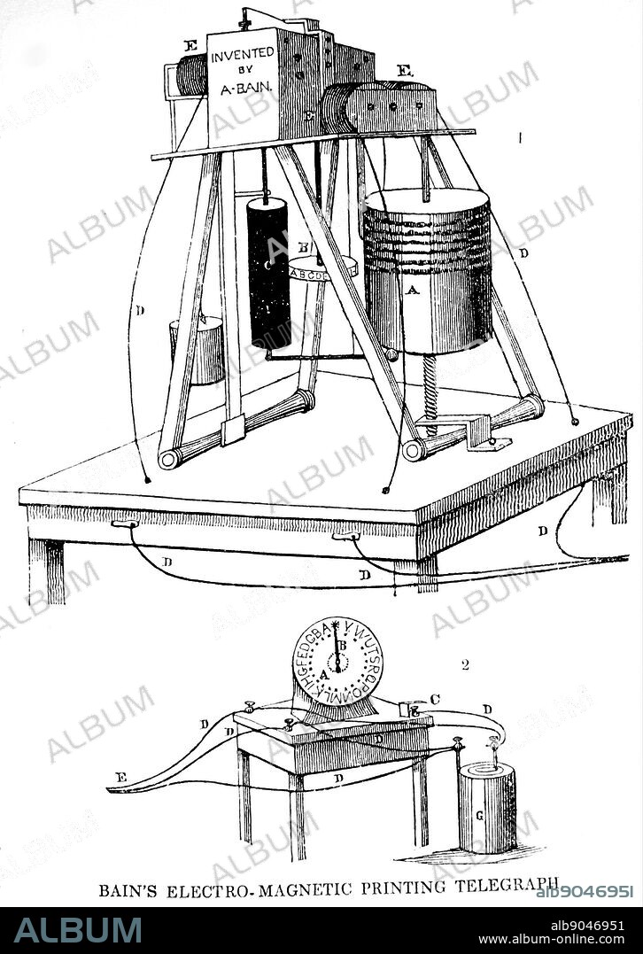 Electromagnetic printing telegraph invented by Alexander Bain, exhibited at the Royal Polytechnic Institution, London. Alexander Bain was a Scottish inventor and engineer who was first to invent and patent the electric clock. He installed the railway telegraph lines between Edinburgh and Glasgow.