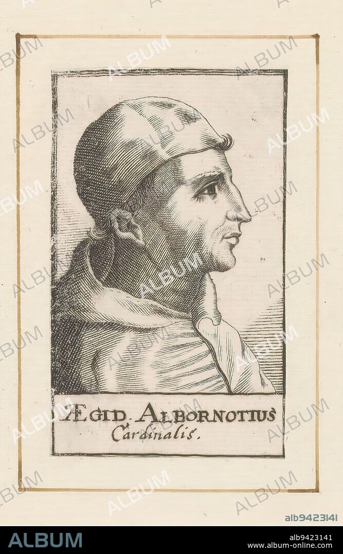 Portrait of Cardinal Gil Álvarez Carrillo de Albornoz, Portrait of Cardinal Gil Álvarez Carrillo de Albornoz in a rectangular frame. In a frame his name and title., print maker: anonymous, 1600 - 1699, paper, engraving, height 74 mm × width 44 mm.