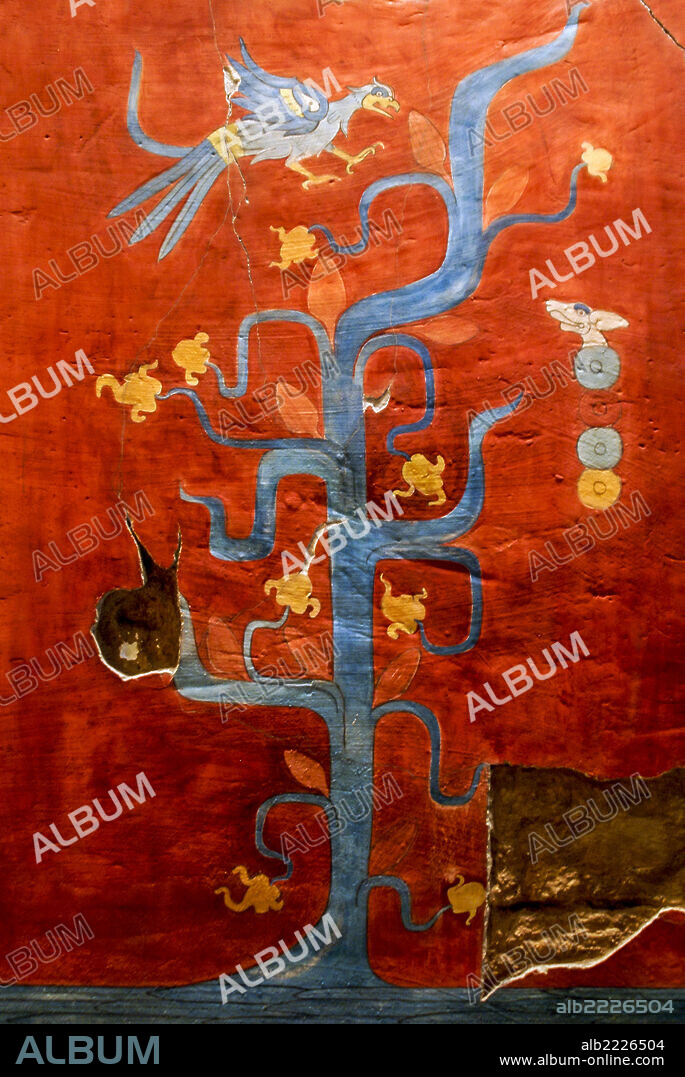 Mural painting depicting a cocoa plant. Original by Cacaxtla. Museo Nacional de Antropologia. State of Mexico D.F. Mexico.