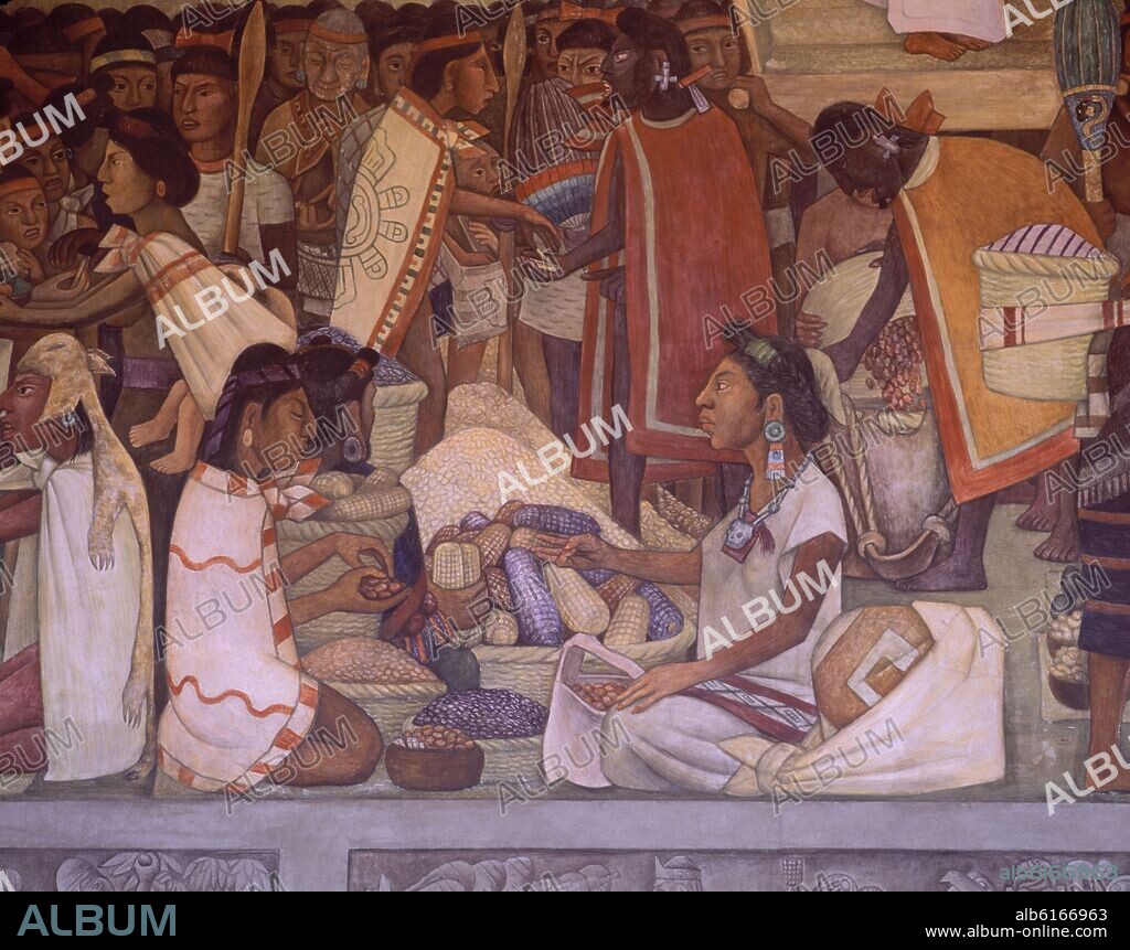 DIEGO RIVERA. TABLERO - MERCADO DE TLATELOLCO - PUESTO DE CEREALES Y MAIZ - FRESCO SIGLO XX.