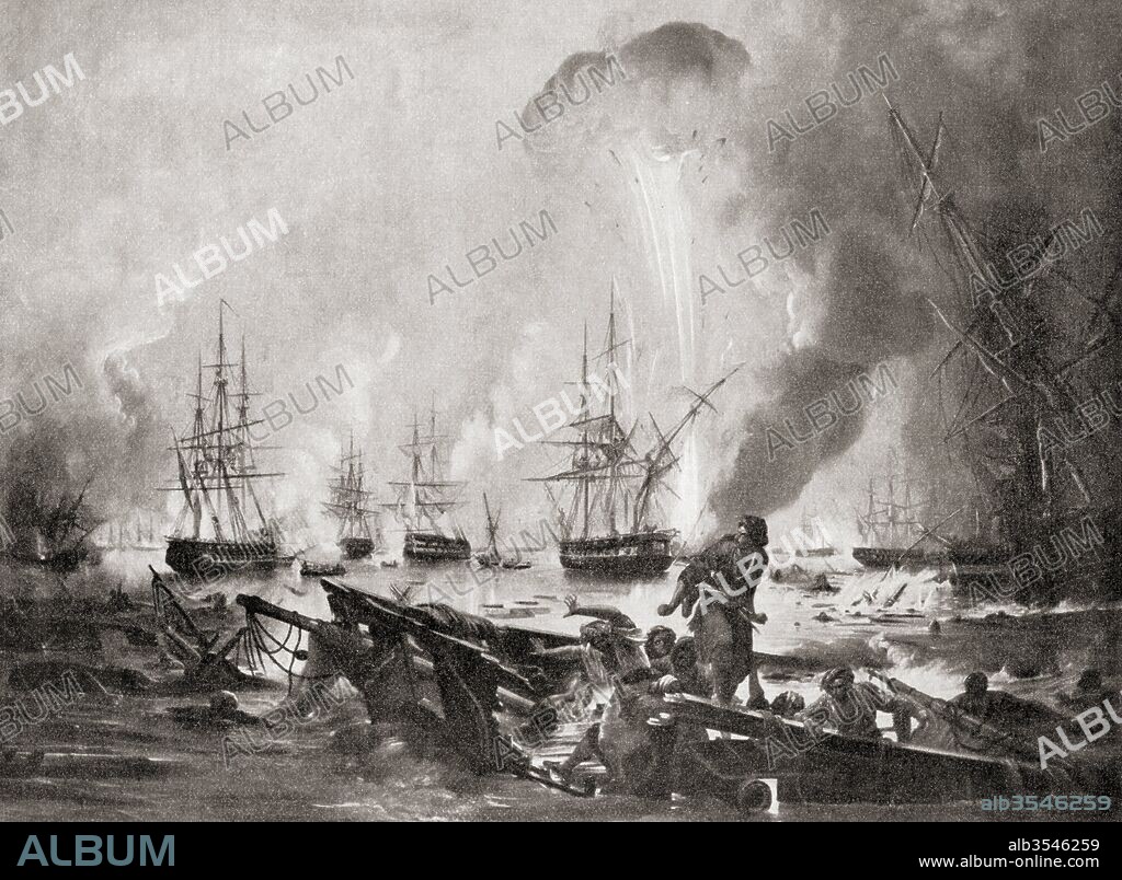 The Battle of Navarino, 20 October 1827 in Navarino Bay, (modern day Pylos), Greece between the Ottoman Empire and the allied British, French and Russian forces during the Greek War of Independence. From Hutchinson's History of the Nations, published 1915.