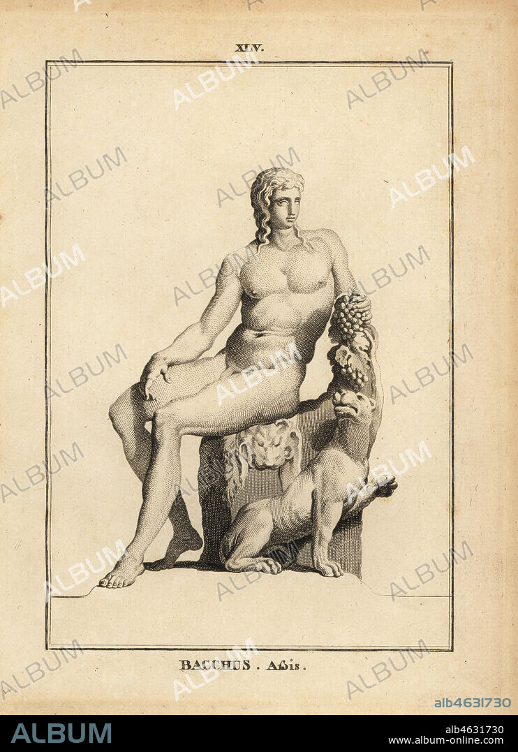 Statue of Bacchus, the Roman god of wine, seated naked with a bunch of grapes and a dog. Copperplate engraving by Francois-Anne David from Museum de Florence, ou Collection des Pierres Gravees, Statues, Medailles, Chez F.A. David, Paris, 1787. David (1741-1824) drew and engraved the illustrations based on Roman statues, engraved stones and medals in the collection of the Museum de Florence and the cabinet of curiosities of the Grand Duke of Tuscany.