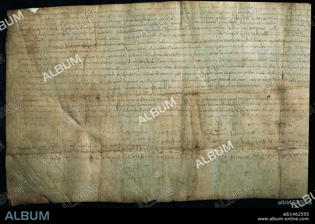 "ACTA DE CONSAGRACION DE LA IGLESIA DEL CASTILLO DE TONA, del 13 de enero de 889". (El año 888, indicación sicena, año 1º de la muerte del Emperador Carlos II "El Calvo"). A pie de texto, anotación musical de la antífona "Surgite Sancti Dei" que se cantaba durante la ceremonia de consagración. Testimonio más antiguo de notación musical escrito en Cataluña y problamente en toda Europa. PERGAMINO; 9.135, 2-VIII.2. Biblioteca de Catalunya. Barcelona. MARCA HISPANICA CAROLINGIO S.IX.