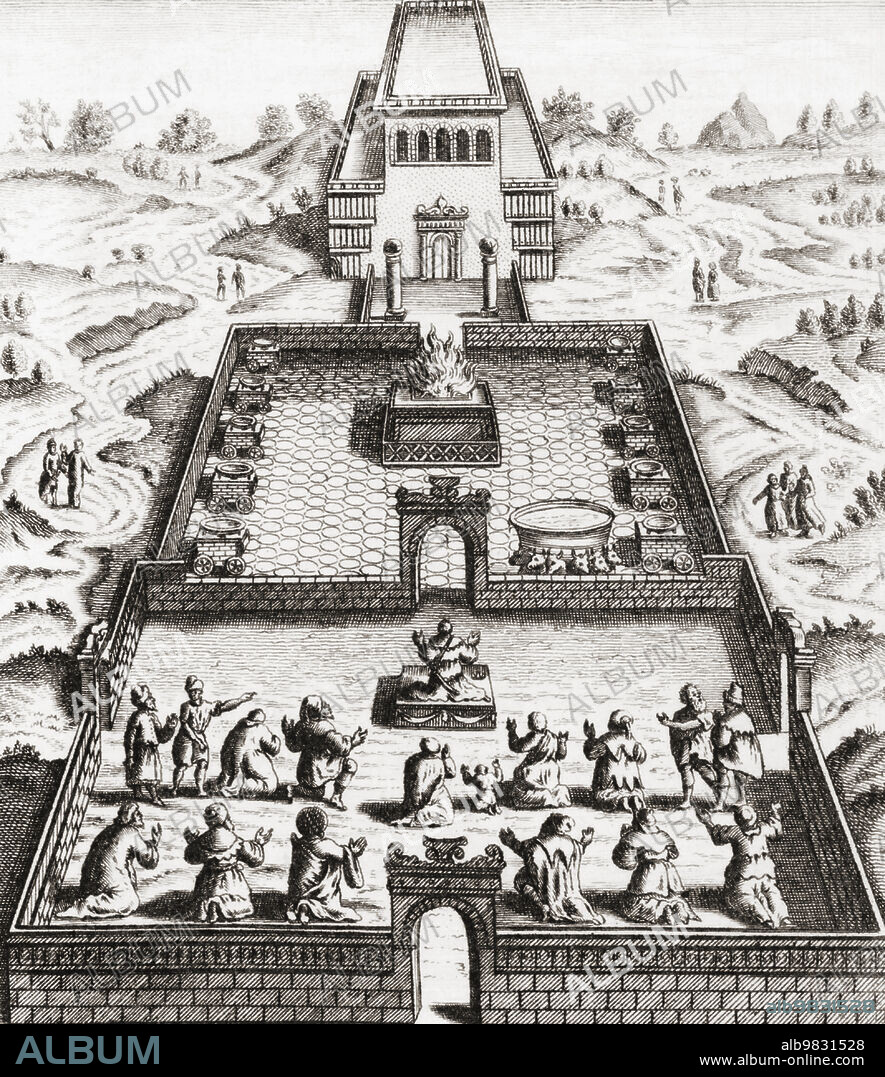 Imaginary interpretation of Solomon's Temple, Jerusalem before its destruction by Nebuchadnezzar II after the Siege of Jerusalem of 587 BC. After an illustration in La Géographie Sacrée, et les Monuments de lHistoire Sainte by Joseph-Romain July, published Paris, 1784.