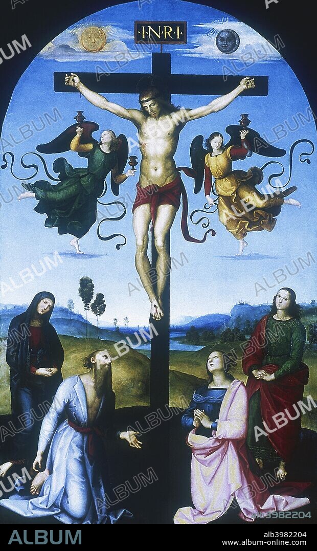 'Mond Crucifixion' (Altarpiece: 'The Crucified Christ with the Virgin Mary, Saints and Angels'), c1530. The Virgin Mary and St John the Apostle stand on either side of the cross. Figures kneeling in the foreground are St Jerome and Mary Magdalene. Angels collect Christ's blood in chalices. From the National Gallery, London.