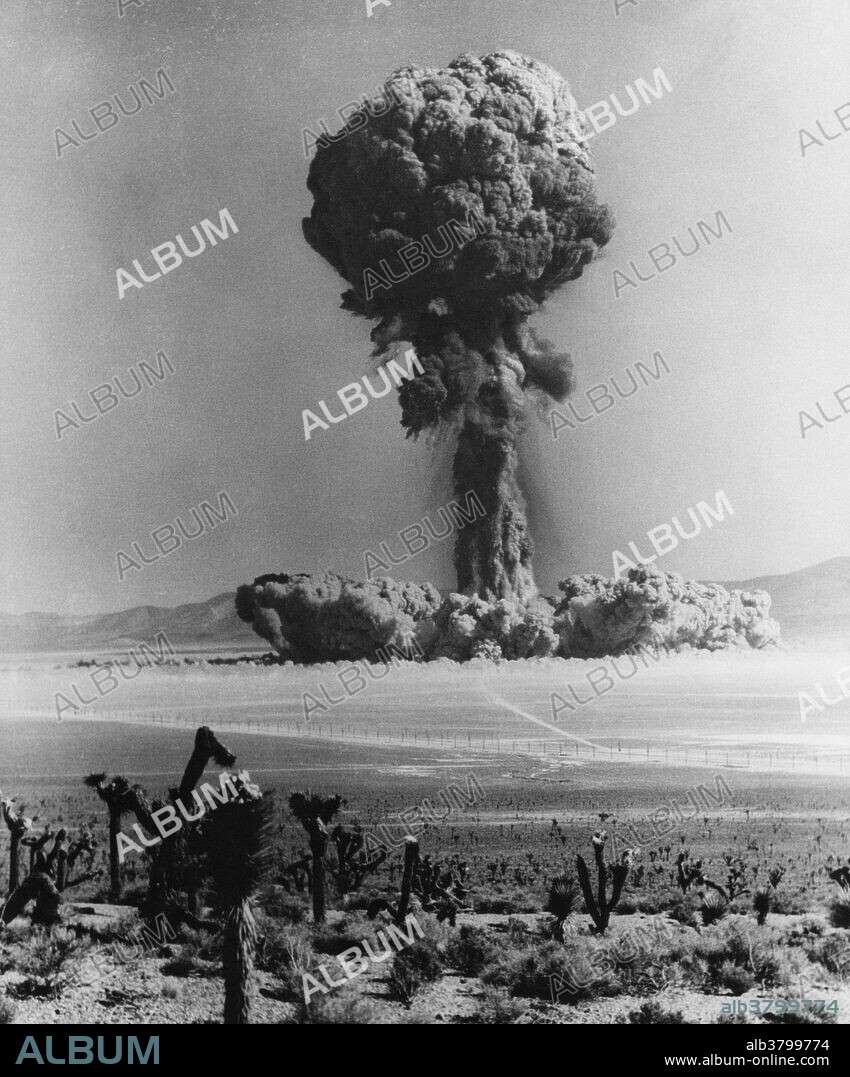 The cloud from Fizeau, the 19th nuclear shot of the Summer 1957 Test Series (Sept. 14th, 1957), begins its ascent to a height of about 40,000 feet. The shot was fired at 9:45 am, PDT, from a 500 foot tower in Yucca Flat, Nevada. Operation Plumbbob was a series of nuclear tests conducted between May 28 and October 7, 1957, at the Nevada Test Site. It was the biggest, longest, and most controversial test series in the continental United States. The operation consisted of 29 explosions, of which only two did not produce any nuclear yield. While most Operation Plumbbob tests contributed to the development of warheads for intercontinental and intermediate range missiles, they also tested air defense and anti-submarine warheads with smaller yields. They included 43 military effects tests on civil and military structures, radiation and bio-medical studies, and aircraft structural tests. Operation Plumbbob had the tallest tower tests to date in the U.S. nuclear testing program as well as high-altitude balloon tests. Approximately 18,000 members of the U.S. Air Force, Army, Navy and Marines participated in exercises Desert Rock VII and VIII during Operation Plumbbob. The military was interested in knowing how the average foot-soldier would stand up, physically and psychologically, to the rigors of the tactical nuclear battlefield.