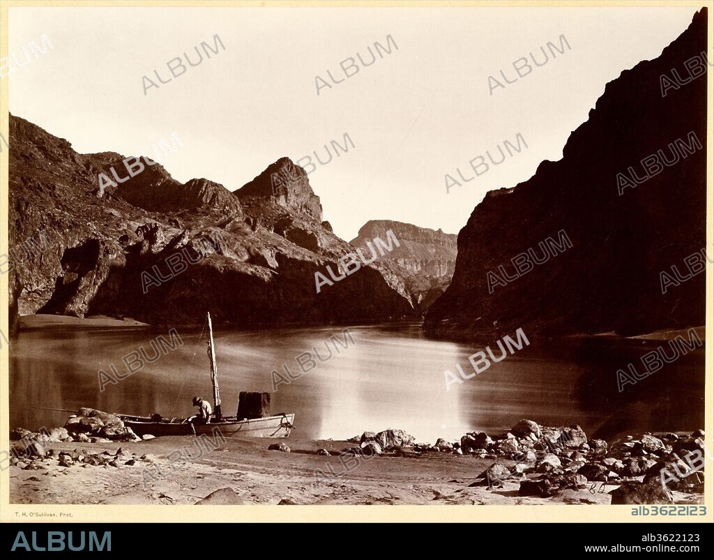 Black Cañon, From Camp 8, Looking Above. Artist: Timothy H. O'Sullivan (American, born Ireland, 1840-1882). Dimensions: 20 x 28.1 cm (7 7/8 x 11 1/16 in. ). Date: 1871.
An engineer graduated from West Point, Lieutenant George Wheeler wanted to find inland passage for troops from Idaho and Utah southward to Arizona. In 1871 he was commissioned with the fourth U.S. Survey to map the topography of that region in view of strategic transit and future settlement. To his original corps of scientists Wheeler added the son of a prominent Boston family, to publicize the expedition in the Eastern press, and Timothy O'Sullivan, to provide a visual record.
<p>
As O'Sullivan's experience in the field was unequaled from his work as a photographer during the Civil War, it is not surprising that Wheeler placed great confidence in him from the outset, providing him with a roving commission and a boat of his own on the Colorado River. Although Wheeler's boats progressed slowly (they had to be rowed, sailed, and hauled upriver against the current), O'Sullivan's was tardier still. Exploring the astonishing photographic possibilities of the canyons from his boat, "Picture," he meandered, tacked, and stopped as he studied how to turn to advantage the sun and shade, the sheer cliffs, and their reflection in the water and profile against the sky.
</p><p>
Individually, the Black Canyon photographs have exquisite resolution. In sequence, they constitute the pictorial voyage of a reflective, visionary artist who knew how to orchestrate his experience of place. As one turns the pages of the album, the shifting perspectives of river and cliff move in stately progression as, effectively as a diorama, they carry the viewer deep into the very heart of the canyon, where, Wheeler wrote, "a stillness like death creates impressions of awe."
</p><p>
This photograph appears in an album of thirty-five photographs by O'Sullivan entitled "Photographs Showing Landscapes, Geological and Other Features of Portions of the Western Territory of the United States Obtained in Connection with Geographical and Geological Explorations and Surveys West of the 100th Meridian.  Season of 1871."
  </p>.