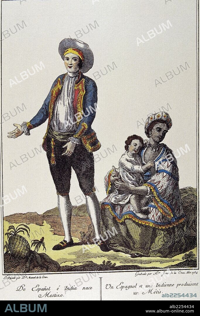 REPRESENTACION DE MESTIZAJE ETNICO. MESTIZO : UNION DE ESPAÑOL E INDIA. DIBUJO DE MANUEL DE LA CRUZ Y GRABADO DE JUAN DE LA CRUZ.