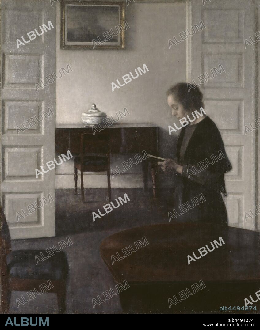 Vilhelm Hammershøi, Interior with a Reading Lady, Interior with reading lady, painting, genre art, 1900, Oil on canvas, Height, 73 cm (28.7 inches), Width, 61 cm (24 inches), Inscriptions, Signed, VH, monogram.
