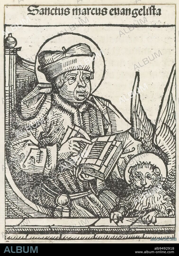 Mark the evangelist, Sanctus marcus evangelista (title on object), Liber Chronicarum (series title), The evangelist Mark, sitting on a chair. He is pointing to a passage in a book. Next to him one of the four apocalyptic creatures: a winged lion. The print is part of an album., print maker: Michel Wolgemut, (workshop of), print maker: Wilhelm Pleydenwurff, (workshop of), Neurenberg, 1493, paper, letterpress printing, height 111 mm × width 80 mm.