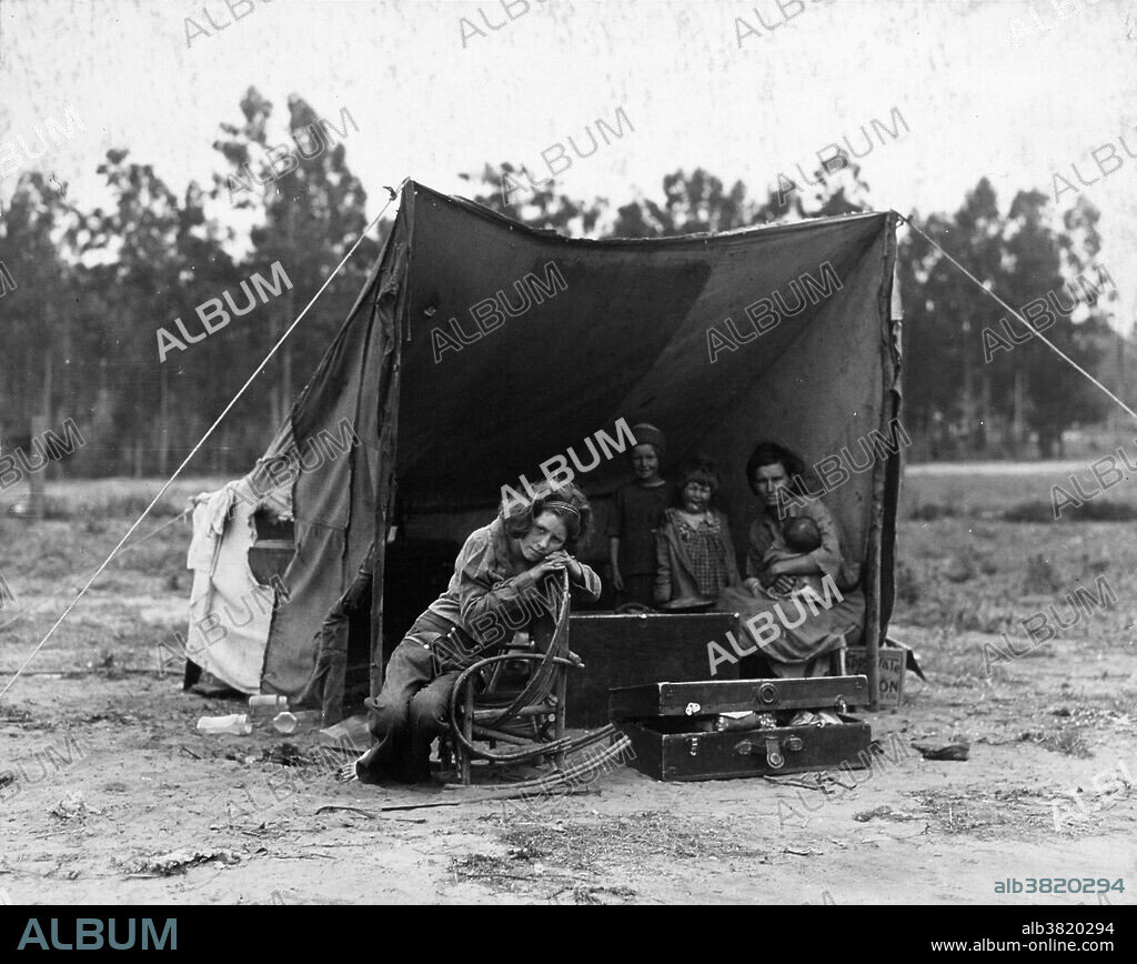 Dorothea Lange's Migrant Mother depicts destitute pea pickers in California, centering on Florence Owens Thompson, age 32, a mother of seven children, in Nipomo, California, March 1936. Her four daughters (left to right) are: Viola, Ruby, Katherine and Norma. The Great Depression was a severe worldwide economic depression in the decade preceding World War II. The depression originated in the U.S., after the fall in stock prices that began around September 4, 1929 and became worldwide news with the stock market crash of October 29, 1929 (known as Black Tuesday). Farming and rural areas suffered as crop prices fell by approximately 60%. Facing plummeting demand with few alternate sources of jobs, areas dependent on primary sector industries such as cash cropping, mining and logging suffered the most.