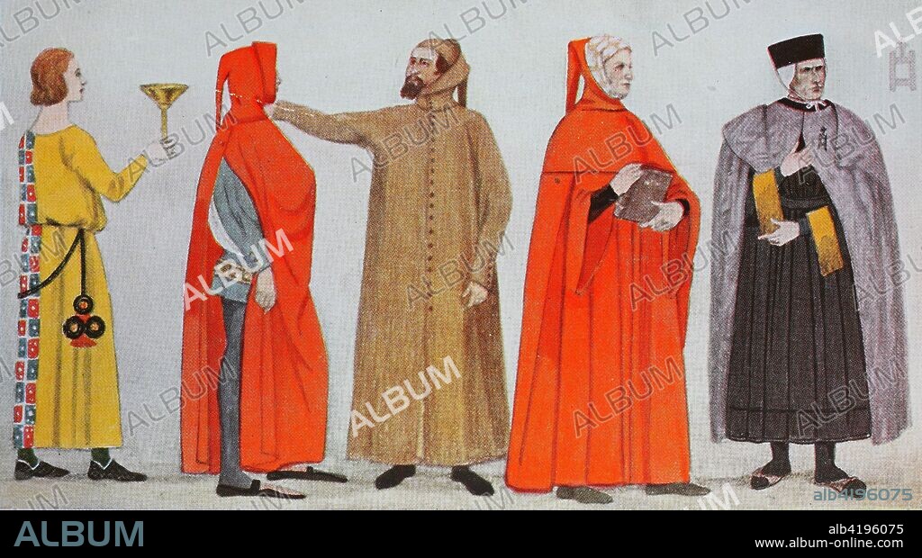 Clothing, fashion in Italy, early Renaissance in the 14th century, from left, a young Florentine around 1350, then a hooded coat and beak shoes around 1370, a long hooded coat, then a coat hood and wide sleeves, and a clerk in a long dress and overcoat made of watered silk, a head of a hospital in Siena, digital improved reproduction from an original from the year 1900.