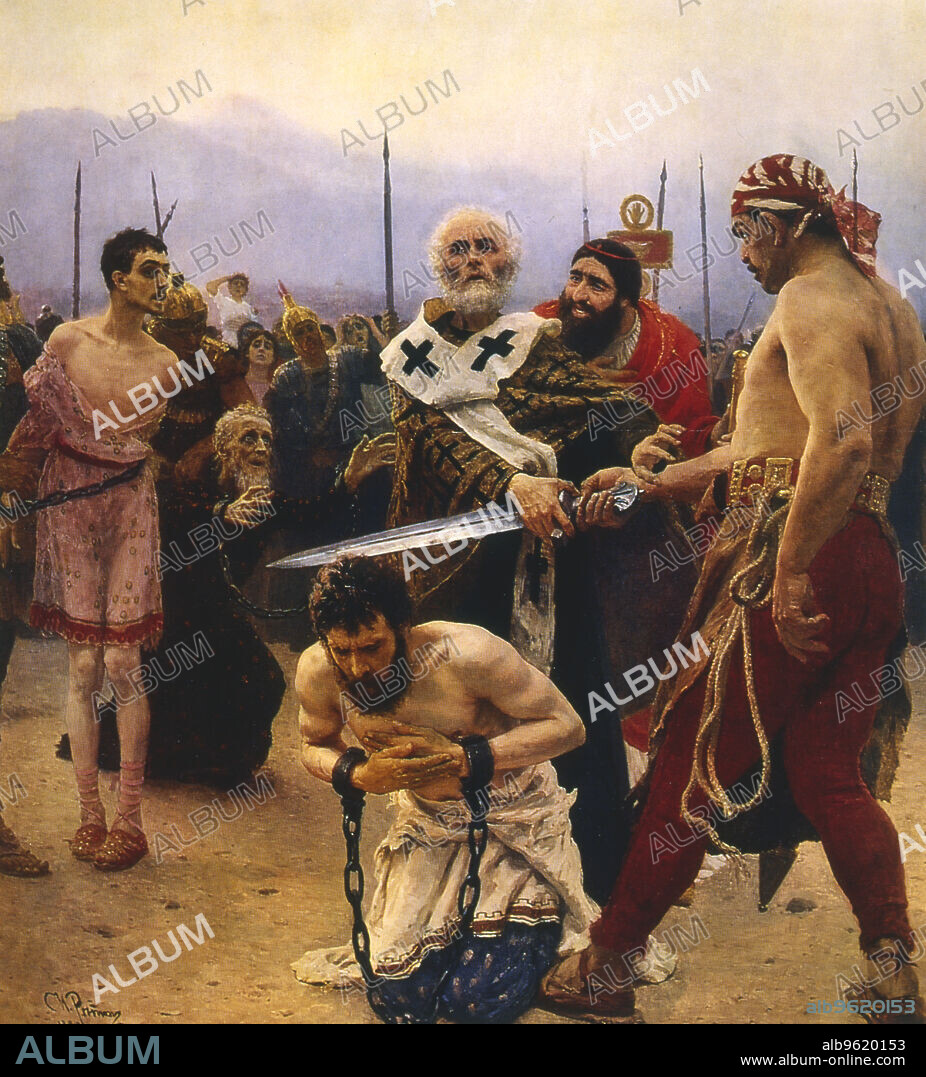 IL'YA REPIN. St Nicholas saving three innocents from execution, c1888. The model for Santa Claus due to his reputation for secret gift-giving, St Nicholas (300-399) was Bishop of Myra in Asia Minor. He was imprisoned by the Roman emperor Diocletian but released by Constantine.