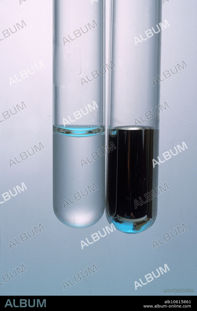 Meniscus of mercury (right) and the meniscus of water (left). Mercury molecules attract one another more strongly than they attract the molecules of the container, so they form a convex meniscus. Water molecules are attracted to the glass container by capillary action, so they form a concave meniscus.