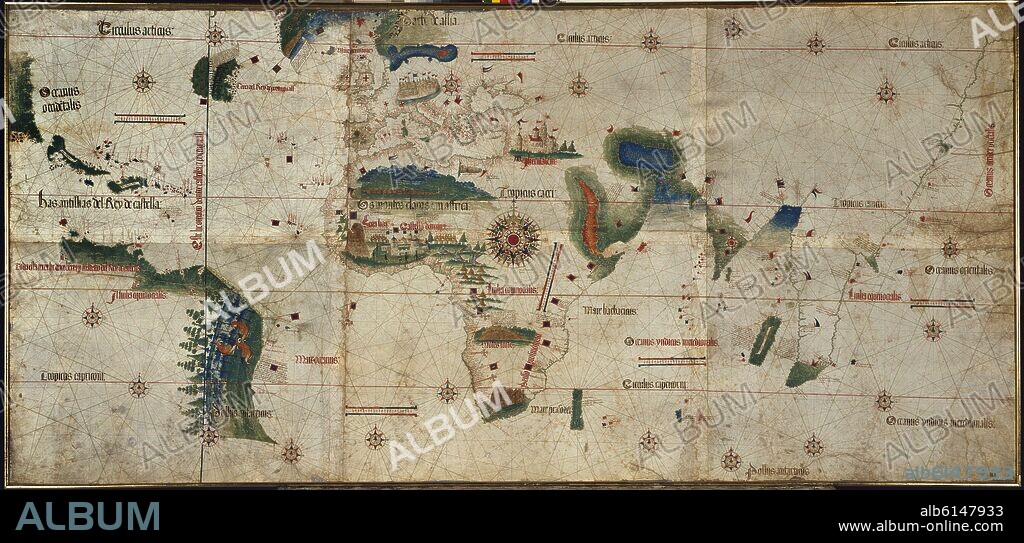 ALBERTO CANTINO. PLANISFERIO DE 1502 -  LA COSTA DE AMERICA APARECE POR PRIMERA VEZ - LINEA DE DEMARCACION DEL TRATADO DE TORDESILLAS (IZQUIERDA).