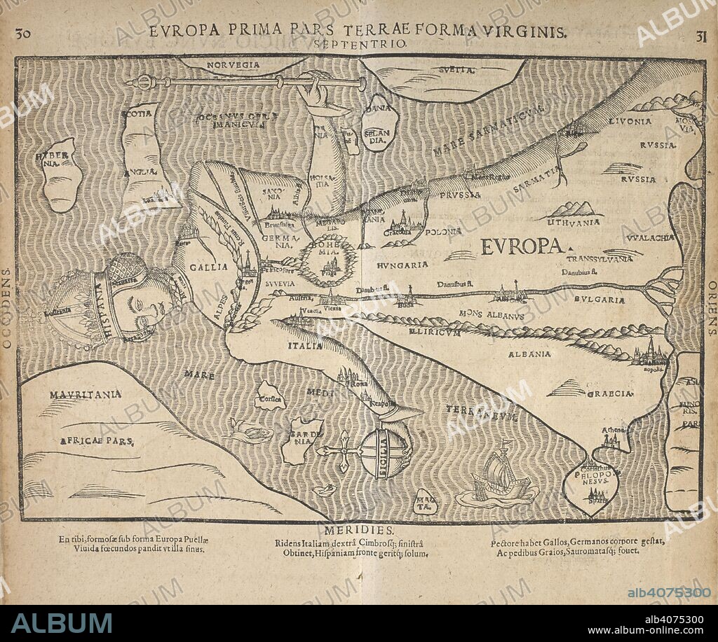 HEINRICH BUENTING. Europe, the first part of the world, in female form.', 1581.  A map of Europe in the shape of a person wearing a mitre, and holding an orb and a sceptre. [Itinerarium et chronicon ecclesiasticum totius SacrÃ¦ ScripturÃ¦. Hoc est omnium itinerum temporumque, quÃ¦ in sacris Bibliis occurrunt exactissima descriptio ... Accessit ... tractatus in librum IosuÃ¦ ... & libellus de ponderibus, monetis ac mensuris Hebraicis, GrÃ¦cis & Latinis, etc.]. Magdeburgi, 1598. Reproduced in â€˜the curious map bookâ€™ by Ashley Baynton-Williams. Source: 1215.l.6 pages 30-31. Language: Latin.