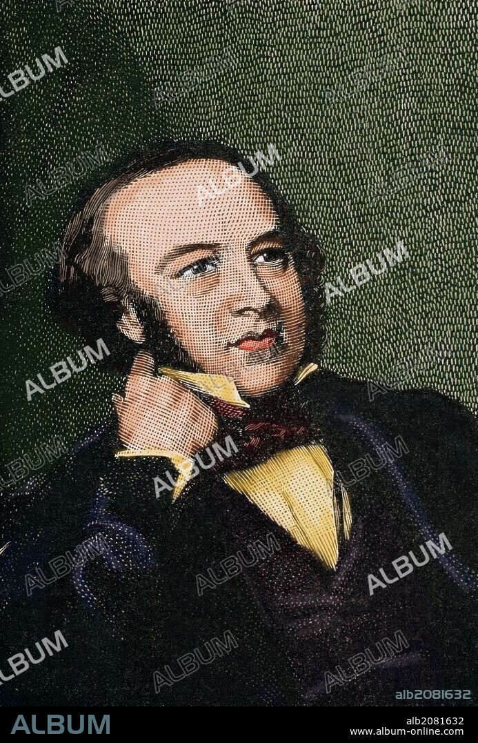 Sir Rowland Hill (1795-1879). Maestro británico y creador del primer sello postal de la historia: el Penny Black. Grabado anónimo. "Historia Universal", año 1892. Coloreado.