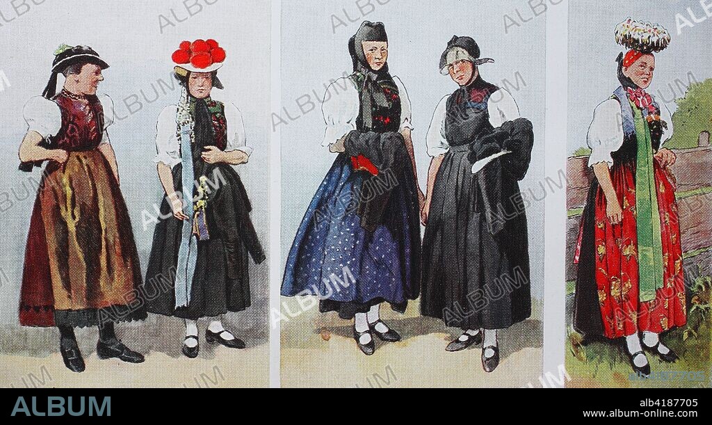 Fashion, clothes in Germany, about 19th century, from the left, costume from St. Maergen in the Black Forest, then costume from the Gutachtal, then costume from St. Georgen, then a costume from Gutach and Gutacher hood with tulle, then a farmers daughter from Lehnsgericht with colorful Schaeppelkrone, digital improved reproduction from an original from the year 1900.