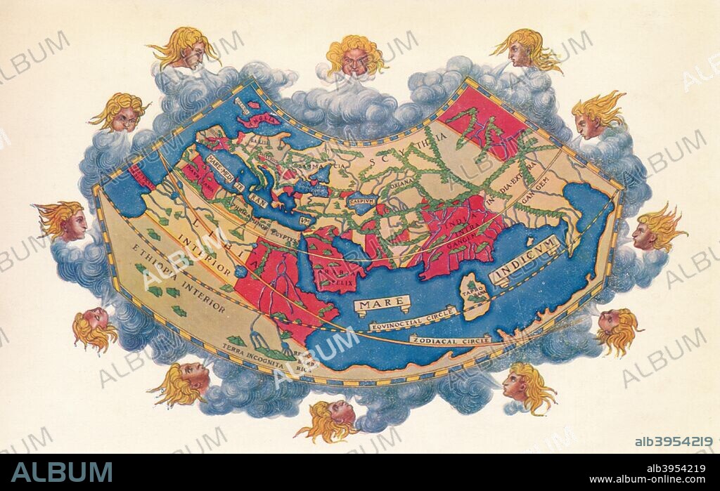 Ptolemy's Map of the World cA.D 150. The Ptolemy world map is a map of the known world to Hellenistic society in the 2nd century AD. It was based on the description contained in Ptolemy's book Geographia, written c150. Perhaps the most significant contributions of Ptolemy's maps are the first uses of longitudinal and latitudinal lines. Taken from 'A Book of Discovery', published by T. C. & E. C. Jack Ltd. 1912.