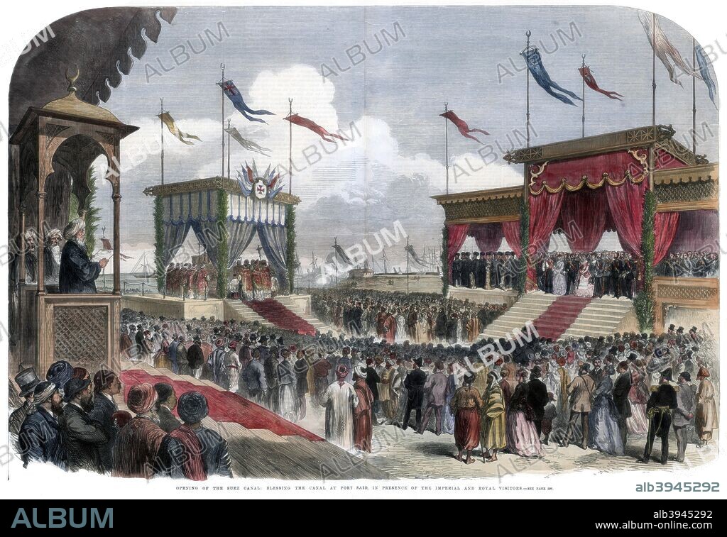 The Opening of the Suez Canal, Port Said, Egypt, 17 November 1869. The opening of the canal which was designed by French engineer Ferdinand de Lesseps. An engraving from the Illustrated London News, (11 December 1869). Hand-coloured later.