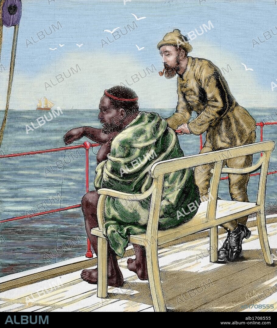 FRANK DADD. Cetshwayo kaMpande (ca.1826-1884). King of the Zulu Kingdom from 1872 to 1879. Cetshwayo to be taken to Cape-Town as a captive. Engraving by Vela. Colored.
