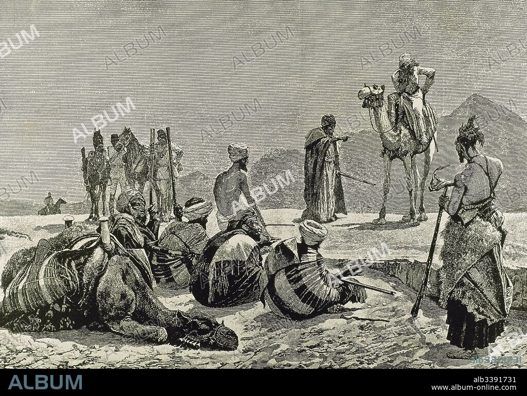 Colonialismo. Charles George Gordon (Woolwich, 1833-Jartum, 1855). General británico. Gobernador del Sudán egipcio. Un reconocimiento por los ingleses en el Sudán. Grabado por Caton, "La Ilustración Artística", año 1884.