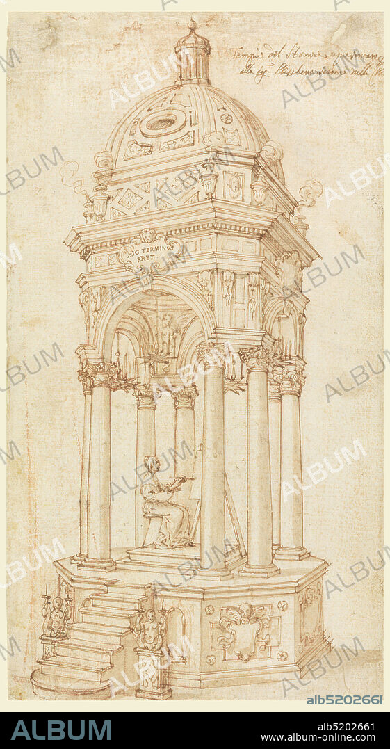 Catafalque of the Bolognese Artist Elisabetta Sirani (1638-1665), Matteo Borboni, Italian, ca. 1610 1667, Pen and brown ink, brush and brown wash, red chalk on off-white laid paper, Figure of an artist painting on canvas in a pavilion with a high dado, which is decorated with escutcheons with winged skulls. A pair of mermen holding candles flank the flight of stairs., Italy, 1665, architecture, Drawing, Drawing.