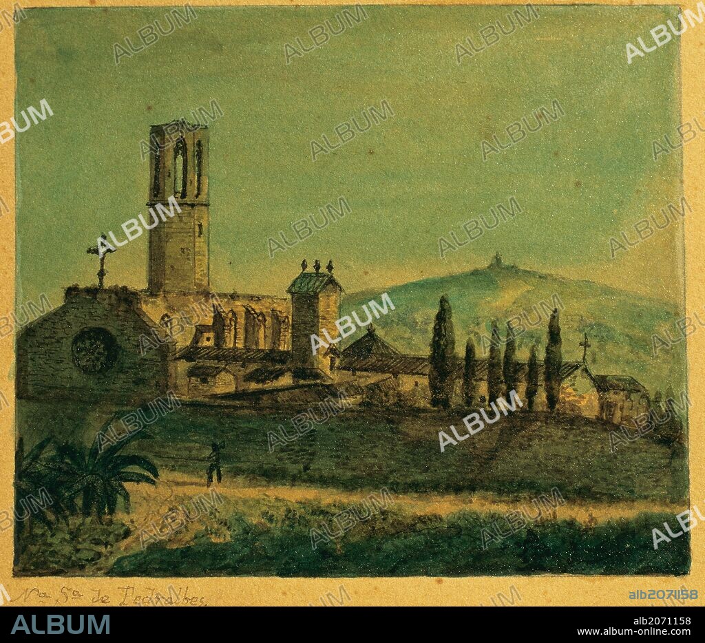 Barcelona. Monastery of Pedralbes. Exterior. Engraving, 19th century. Drawing of G. Mosteyrin. Museum of City History. Barcelona. Spain.