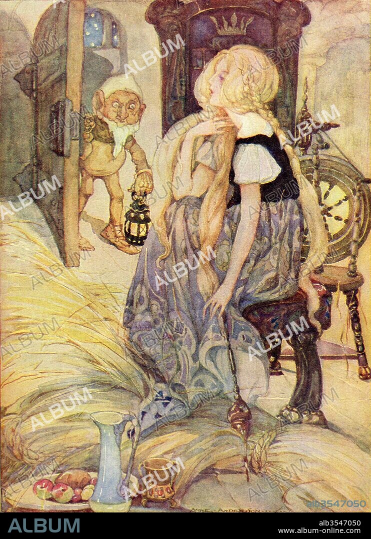 The Miller's Daughter, illustration from The Golden Wonder Book published 1934. Suddenly the door opened and into the room appeared a little man who said, " Good evening my child. Why are you weeping so bitterly?".