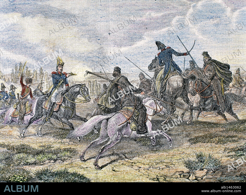 HISTORIA DEL IMPERIO NAPOLEONICO (S. XVIII). GUERRAS NAPOLEONICAS. "COMBATE ENTRE TROPAS FRANCESAS Y COSACOS EN EL FRENTE RUSO". Grabado coloreado.