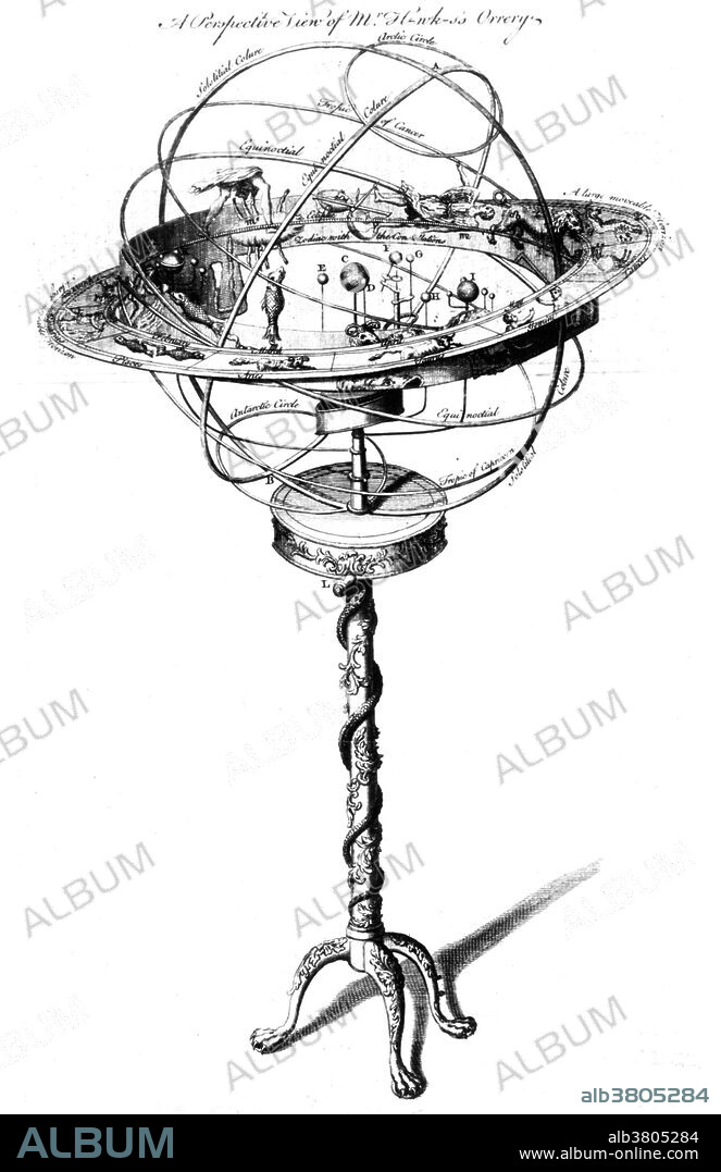 A perspective view of an orrery, a mechanical model showing the orbit of planets around the sun, 1775. An orrery is a mechanical model of the solar system that illustrates or predicts the relative positions and motions of the planets and moons, usually according to the heliocentric model. It may also represent the relative sizes of these bodies; but since accurate scaling is often not practical due to the actual large ratio differences, a subdued approximation may be used instead. Though the Greeks had working planetaria, the first orrery that was a planetarium of the modern era was produced in 1704, and one was presented to Charles Boyle, 4th Earl of Orrery. They are typically driven by a clockwork mechanism with a globe representing the Sun at the center, and with a planet at the end of each of the arms.