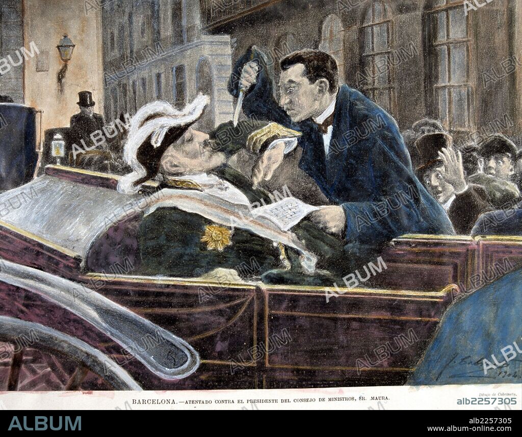 MAURA, ANTONIO. POLITICO ESPAÑOL. PALMA DE MALLORCA. 1835-1925. "ATENTADO CONTRA EL PRESIDENTE DEL CONSEJO DE MINISTROS, SR. MAURA, EN BARCELONA. DIBUJO DE CABRINET,AÑO 1904. GRABADO COLOREADO. ILUSTRACION ESPAÑOLA Y AMERICANA.
