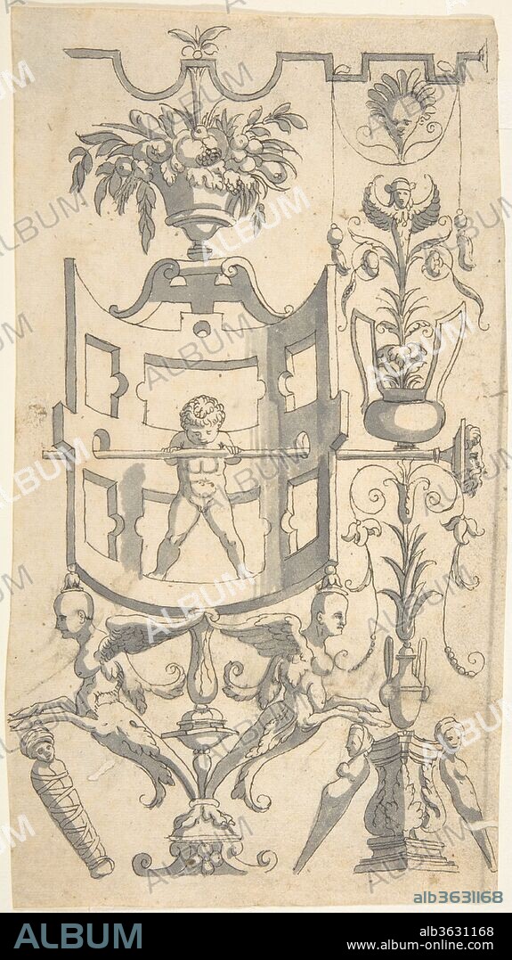 Candelabra Grotesque with a Naked Boy in a Strapwork Contraption. Artist: Anonymous, Italian, 16th century ?; After Cornelis Bos (Netherlandish, Hertogenbosch ca. 1510?-before 1566 Groningen). Dimensions: Sheet: 9 11/16 x 4 7/16 in. (24.6 x 11.2 cm). Date: 1540 after.
Three quarters of a candelabra grotesque, copied after a print published by Cornelis Bos around 1540. The design is characterized by a semi-circular strapwork contraption, in which a young, naked boy is placed.