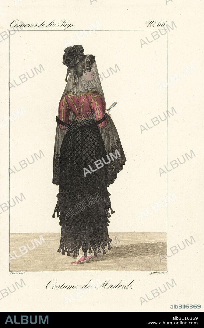 Woman of Madrid, Spain, 19th century. She wears a seethrough mantilla veil with black ribbons, coral pink bodice, fringed basquina dress and carries a fan. Handcoloured copperplate engraving by Georges Jacques Gatine after an illustration by Louis Marie Lante from Costumes of Various Countries, Costumes de Divers Pays, Paris, 1827.