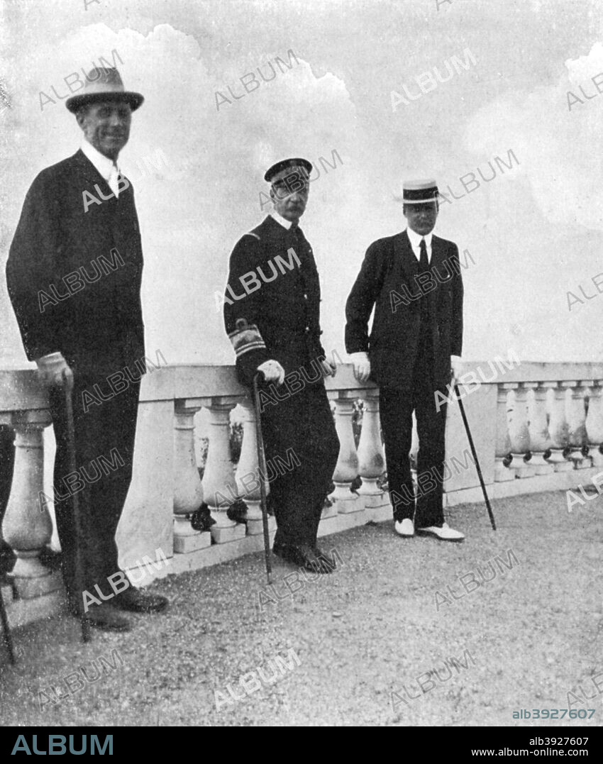 King George I of Greece (1845-1913) with Commodore Sir Henry Keppel (1809-1904) and Lord Howe (1861-1929), Corfu, Greece, 1908. From Queen Alexandra's Christmas Gift Book, Photographs from My Camera, by Queen Alexandra, published by The Daily Telegraph (London, 1908).