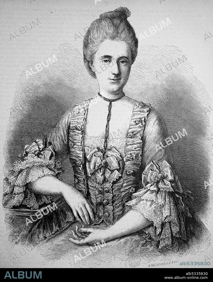 Eva König, 22 March 1736 - 10 January 1778, born as Eva Catharina Hahn, from 1776 Eva Lessing, was the wife of Gotthold Ephraim Lessing  /  Eva König, 22. März 1736 - 10. Januar 1778, geboren als Eva Catharina Hahn, ab 1776 Eva Lessing, war die Ehefrau von Gotthold Ephraim Lessing, Historisch, historical, digital improved reproduction of an original from the 19th century / digitale Reproduktion einer Originalvorlage aus dem 19. Jahrhundert.